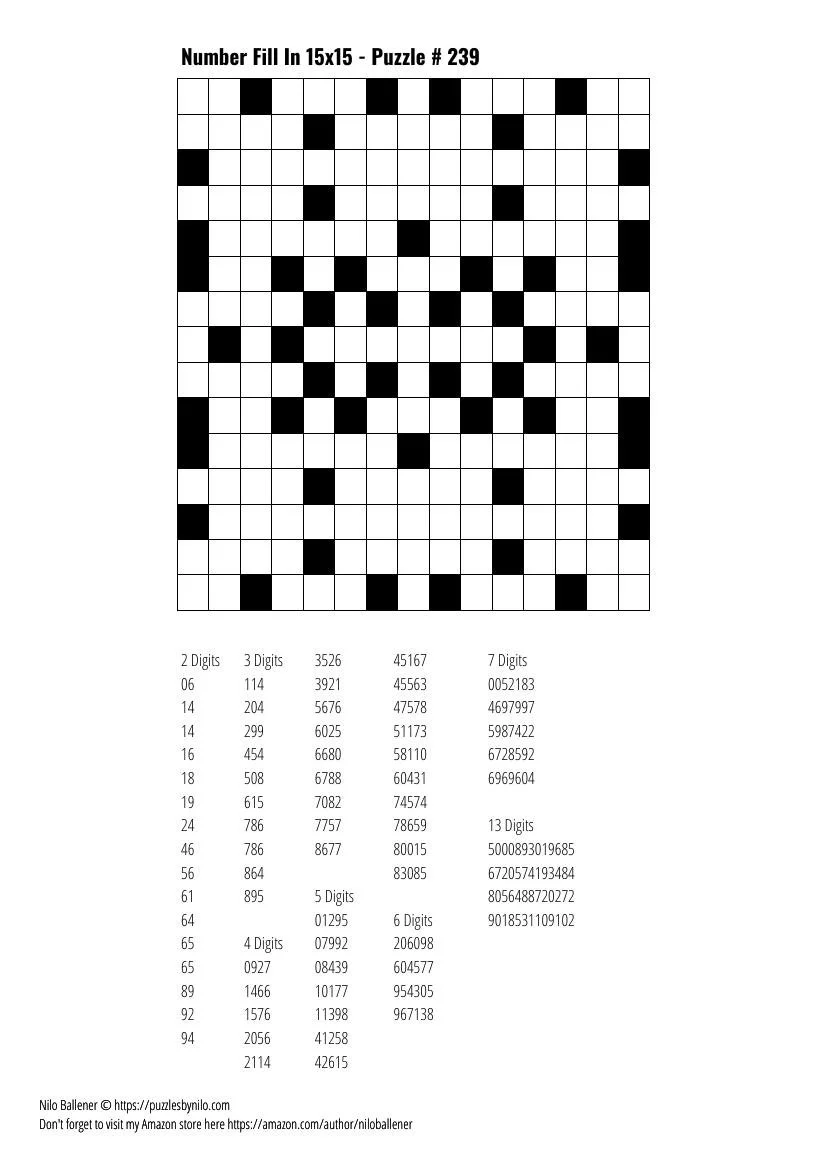 Free Downloadable Puzzle Number Fill In 15x15 # 239 — Puzzles By Nilo