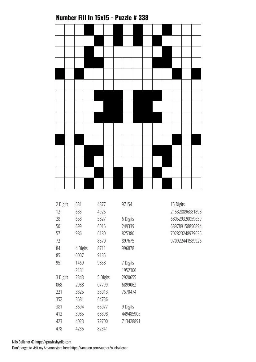 Free Downloadable Puzzle Number Fill In 15x15 # 338 — Puzzles By Nilo