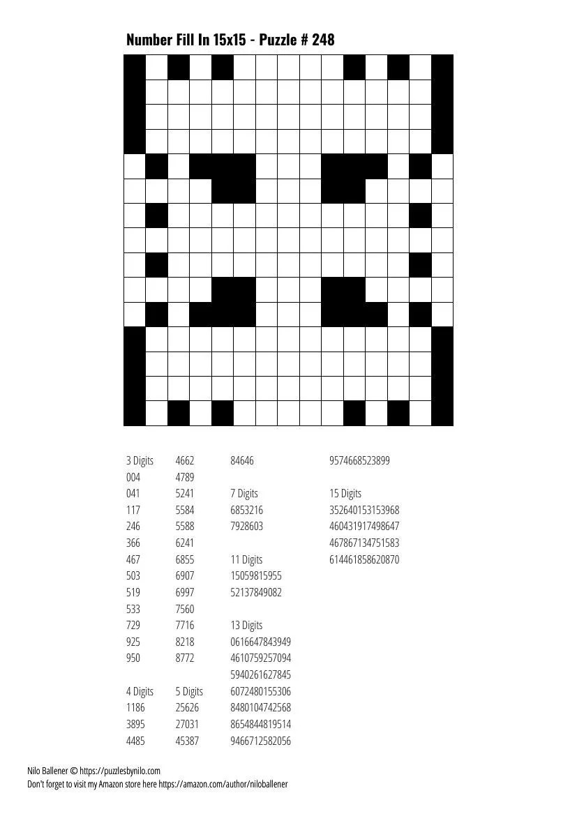 Free Downloadable Puzzle Number Fill In 15x15 # 248 — Puzzles By Nilo