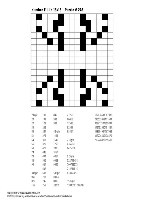 Free Downloadable Puzzle Number Fill In 15x15 # 278 — Puzzles By Nilo