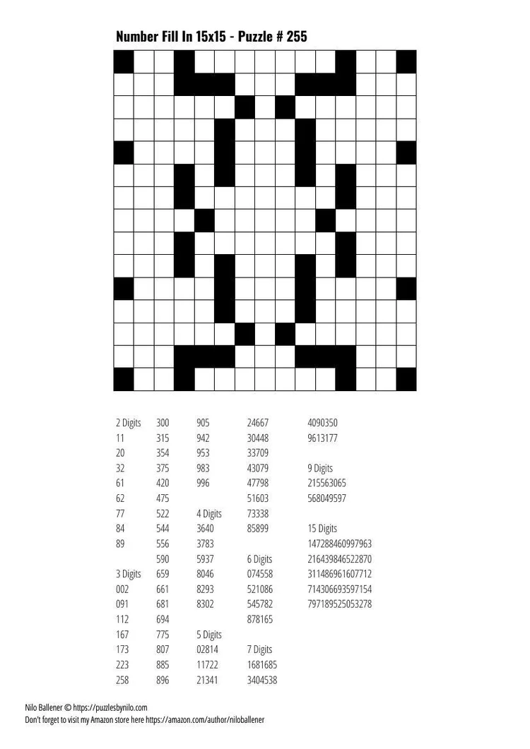 Free Downloadable Puzzle Number Fill In 15x15 # 255 — Puzzles By Nilo