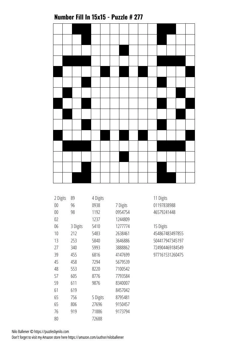 Free Downloadable Puzzle Number Fill In 15x15 # 277 — Puzzles By Nilo