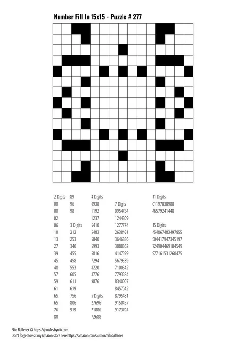 Free Downloadable Puzzle Number Fill In 15x15 # 277 — Puzzles By Nilo
