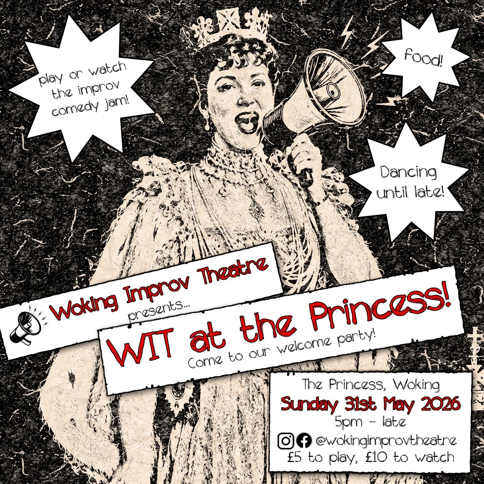 We're throwing a party for our launch night at the Princess Pub in Maybury. There will be an improv jam from 5-7pm (£6 to play, incl. fees; £11 to watch, incl. fees), food from the bar and dancing until late with WITTY resident DJ Rich Mathias from C