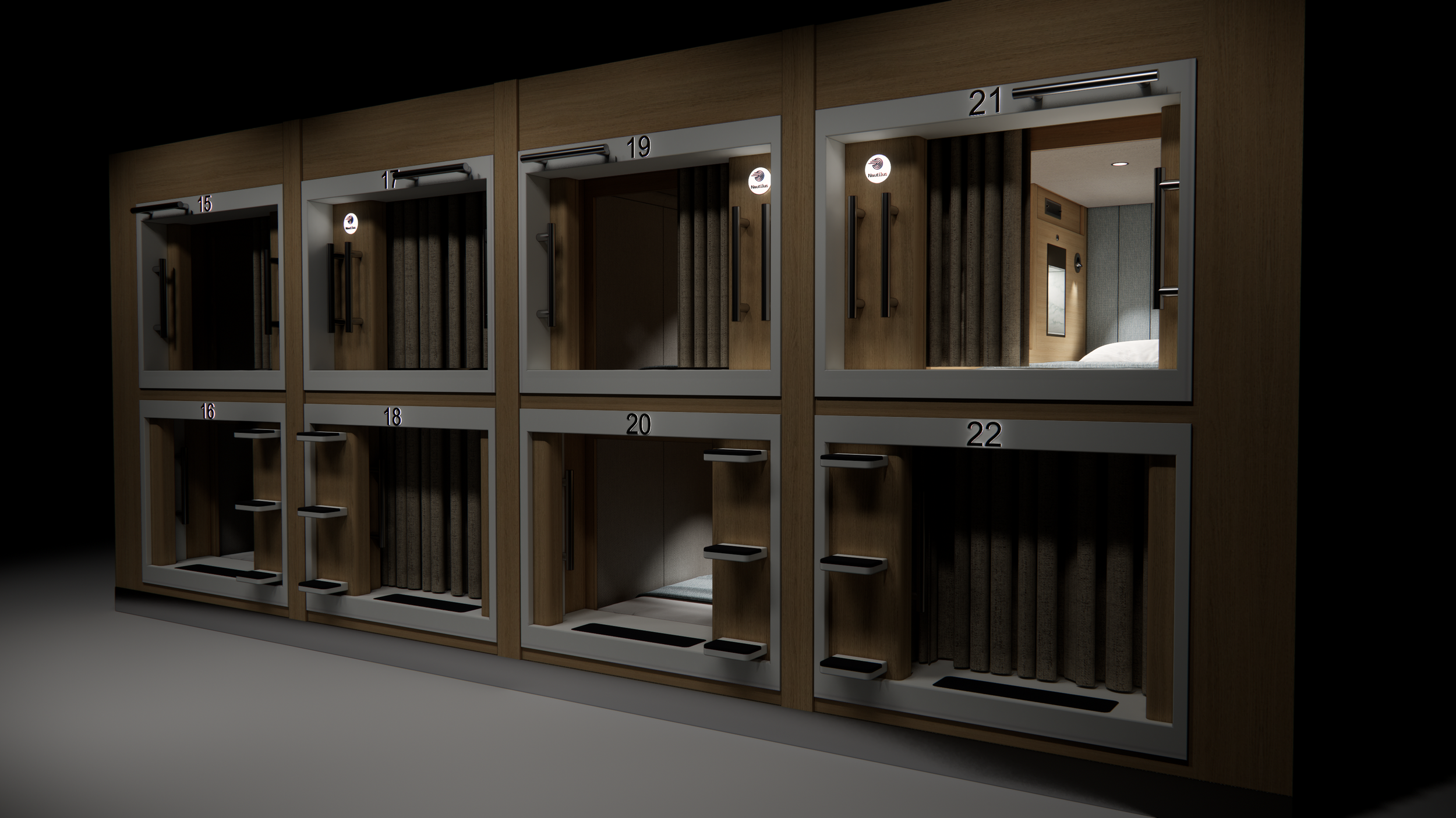 Stacked sleeping pod installation concept for high-density accommodation with private pod access.