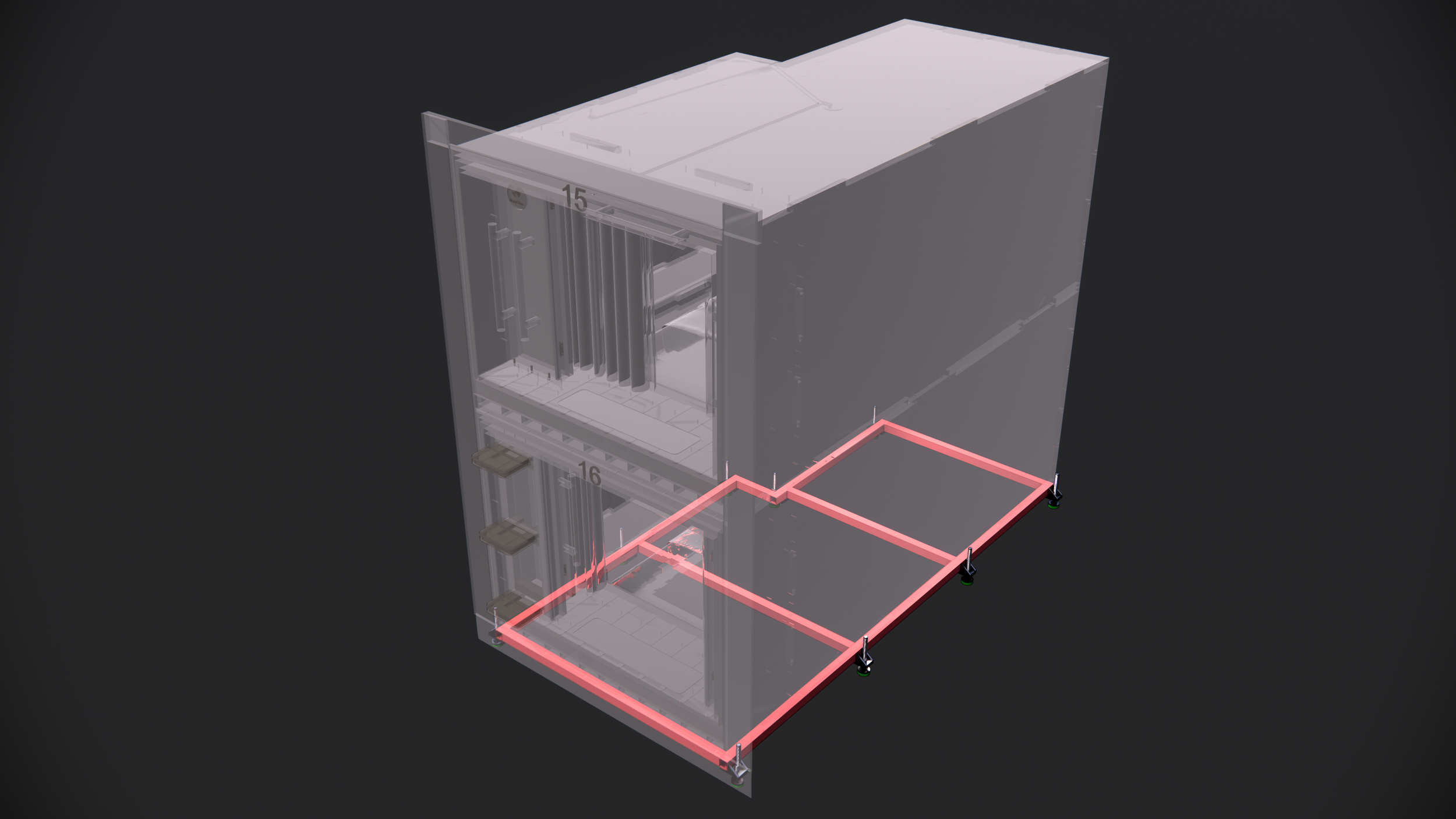 Pod integration concept showing the technical corner and adjustable base frame for fast, clean installation.