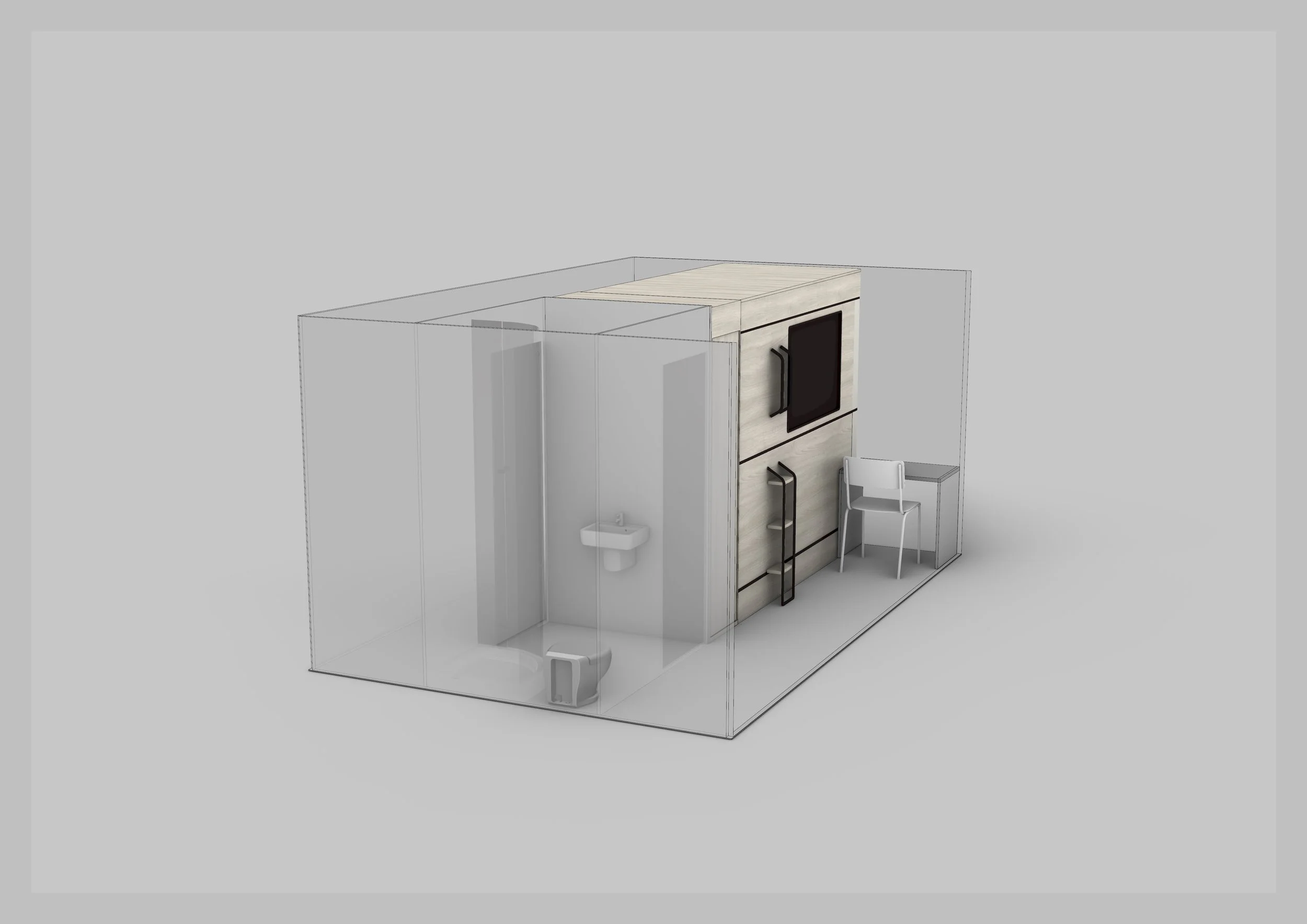 An interior 3D rendering of a small room with a bathroom and a sitting area. The bathroom has a toilet and a small sink enclosed by clear glass walls. Adjacent to the bathroom is a wall with a flat-screen TV mounted on it, and next to it is a small d