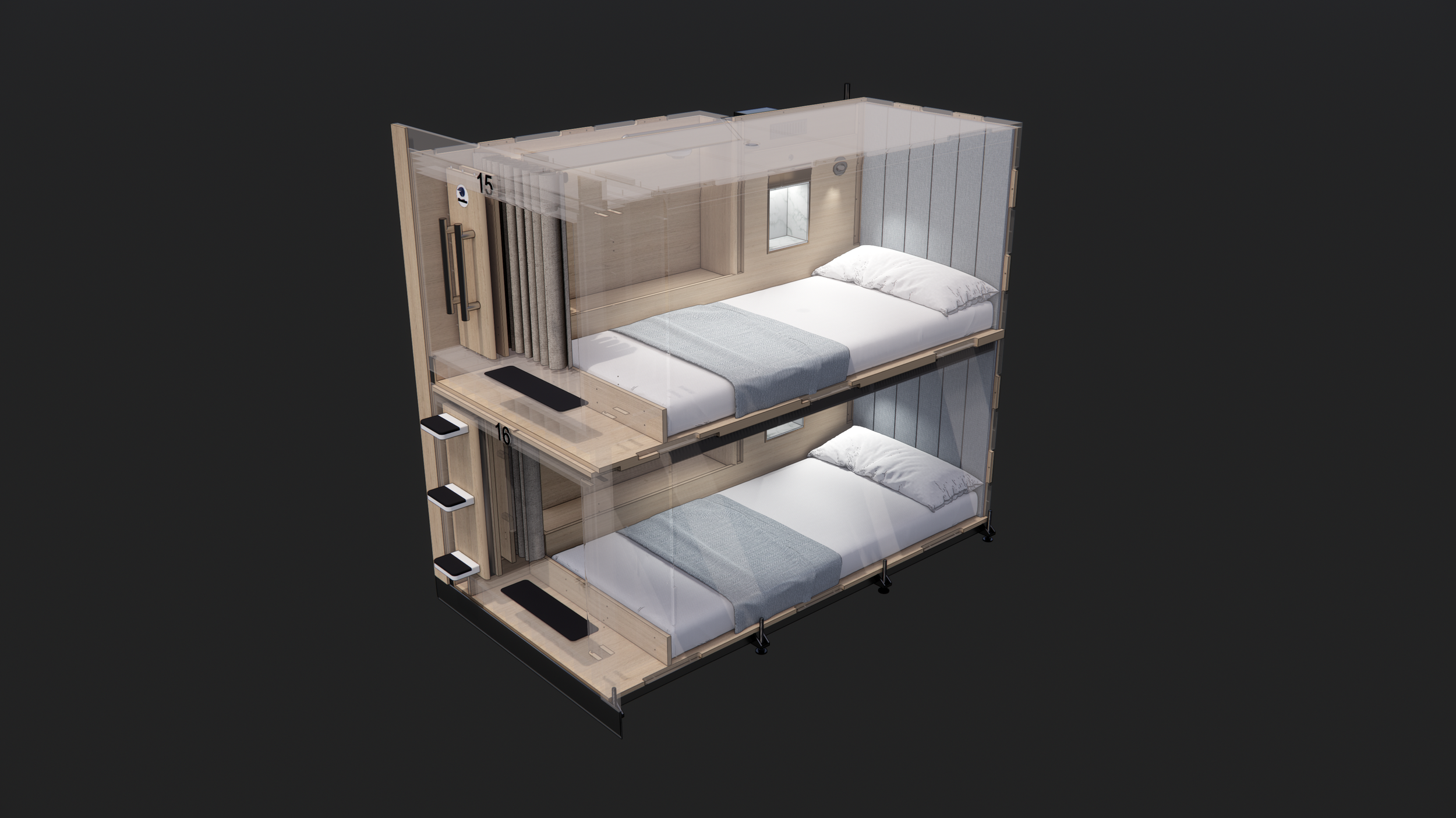 Front-entrance sleeping pod configuration for stacked installations and compact layouts.