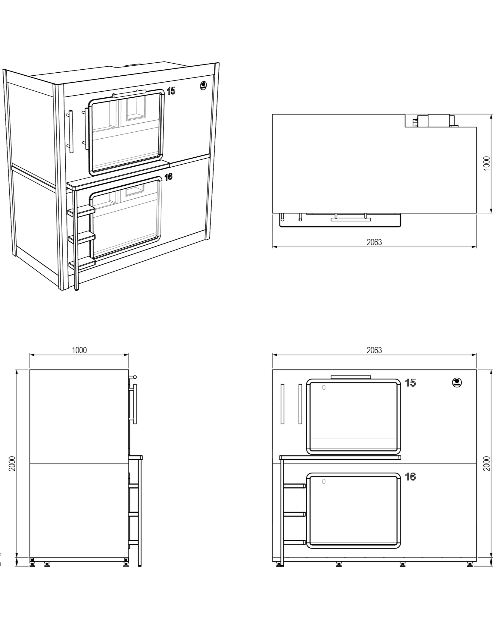 Technical drawings showing overall dimensions and views for the side-entrance pod configuration.