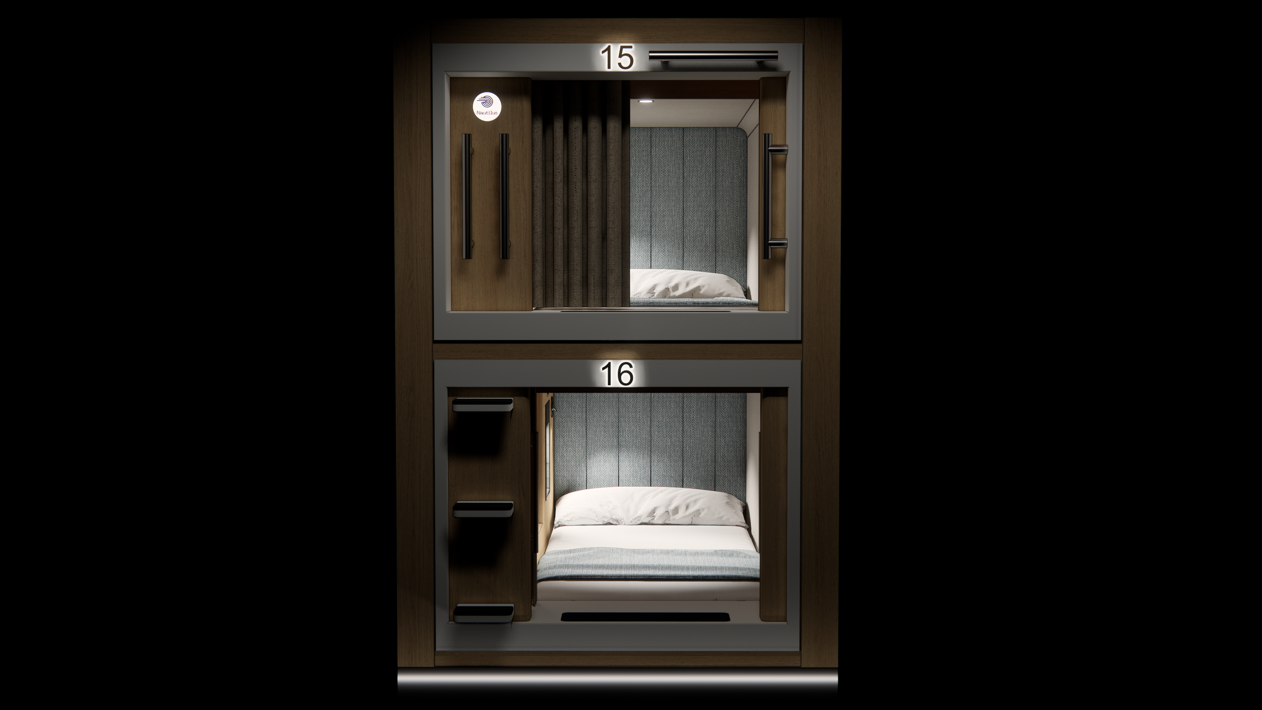 Stacked sleeping pod configuration showing compact layout, integrated storage, and private sleeping space.
