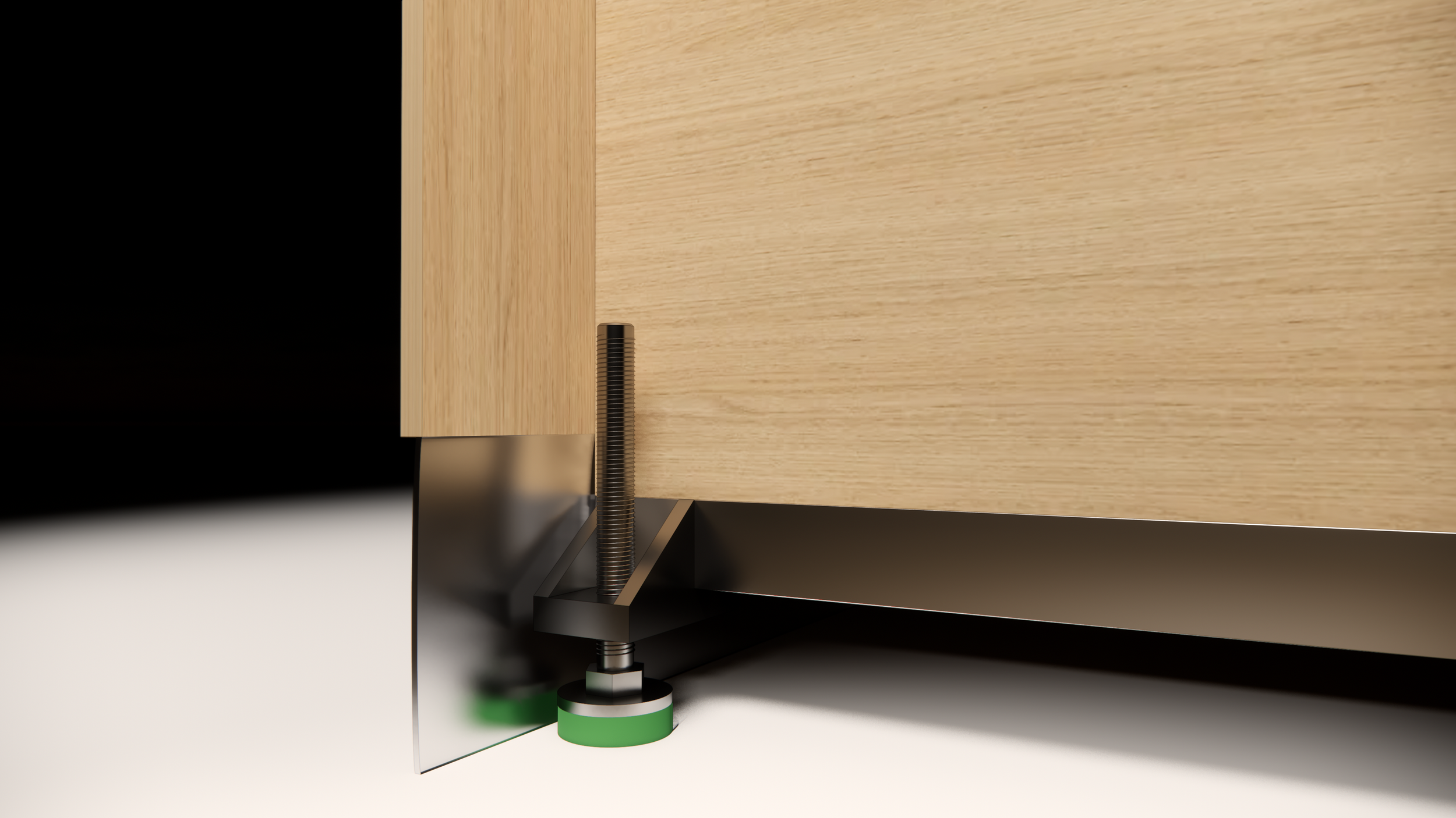 Anti-vibration floor frame detail with adjustable leg and Sylomer damper for stable, quiet installation.