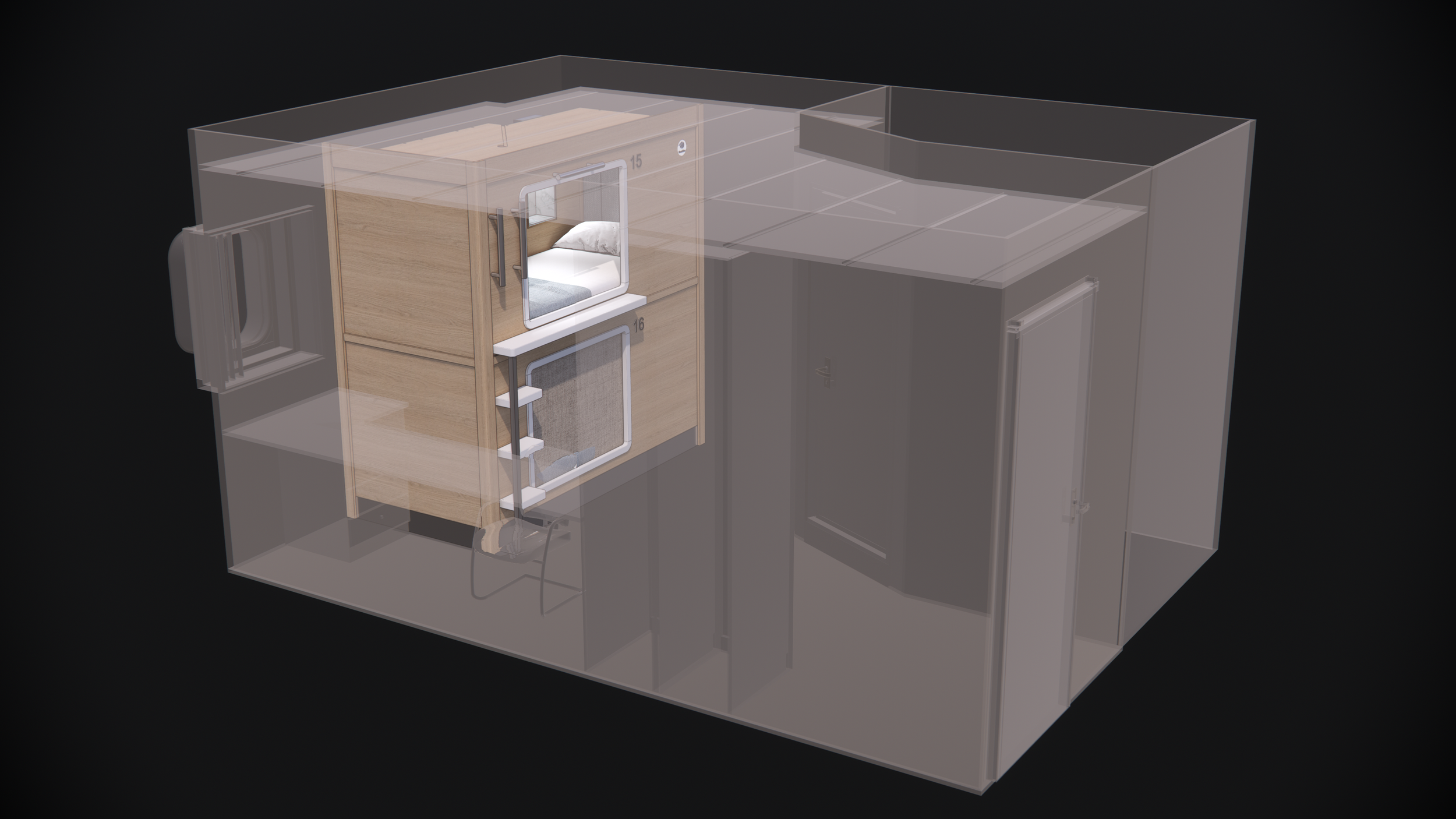 Standalone pod installed within an existing cabin footprint to improve privacy and comfort.