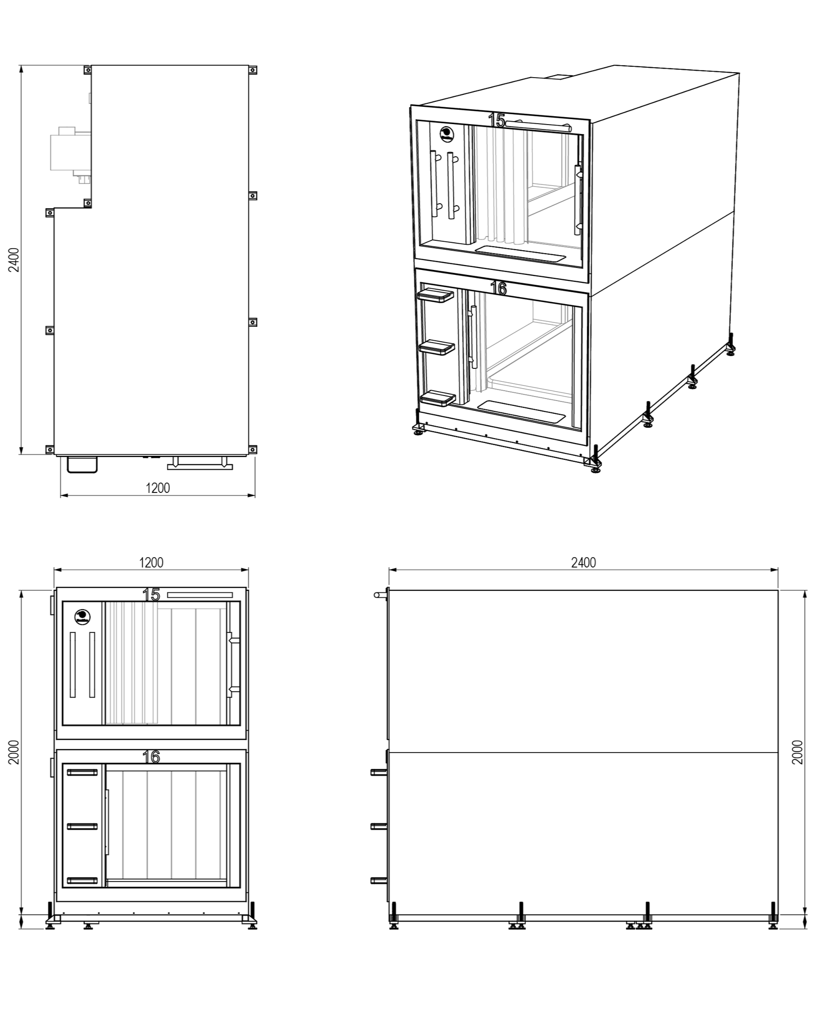 Technical drawings showing overall dimensions and views for the front-entrance pod configuration.