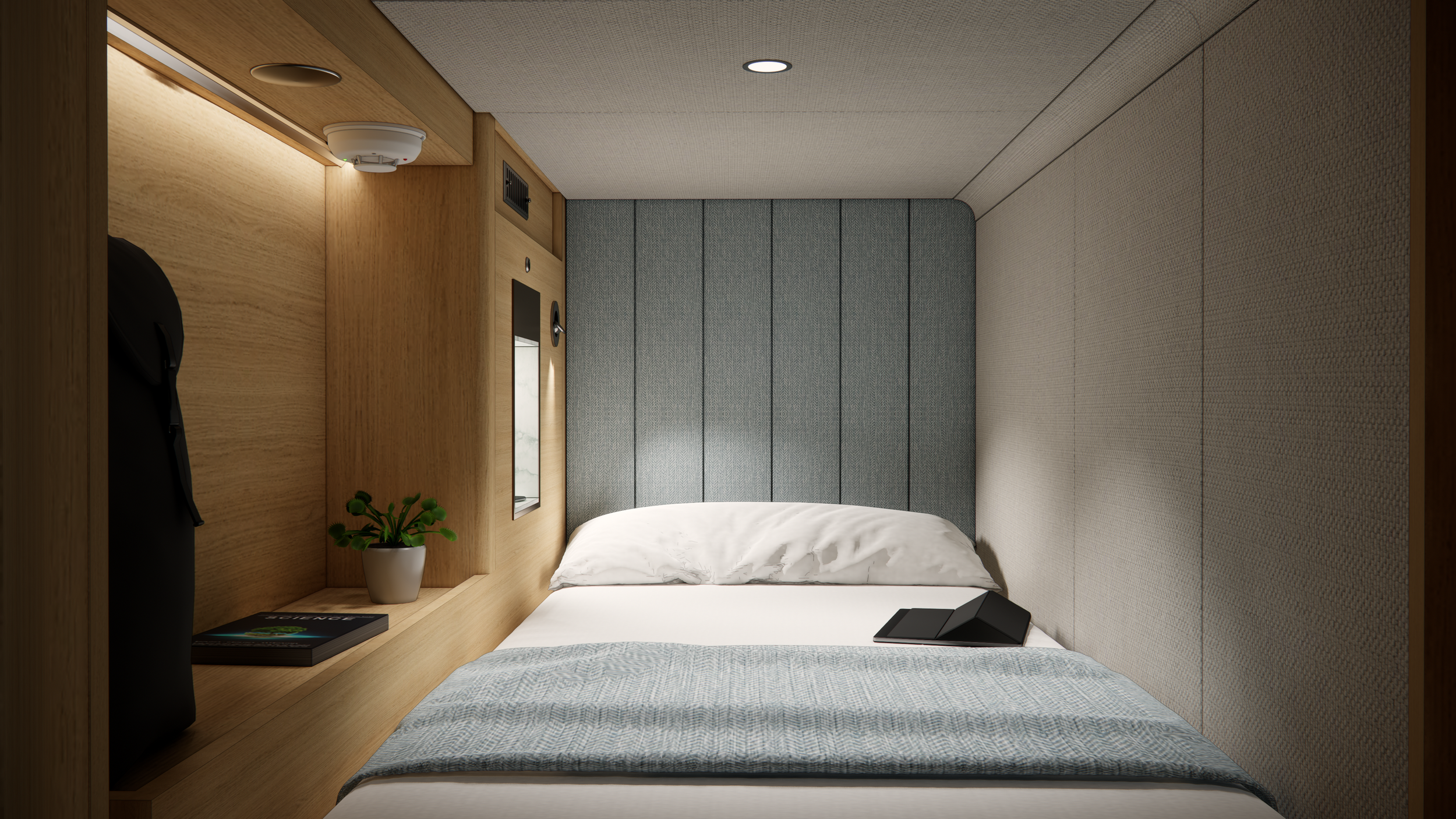 Nautilus Sleeping Pod interior with sound-absorbing panels and curtain for privacy and quiet rest.