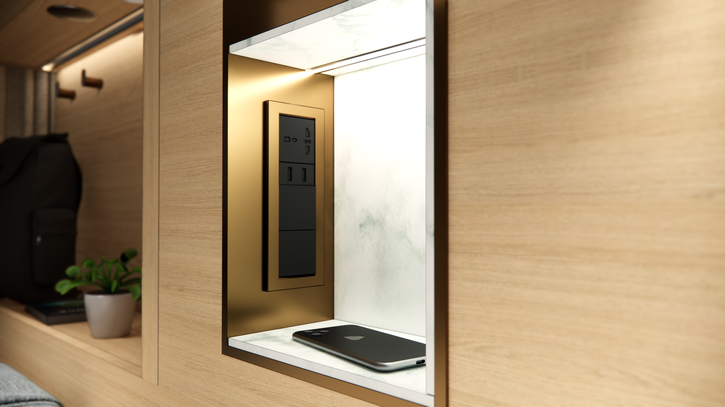 Lighting control niche with integrated switches and reading light for intuitive, personal comfort.