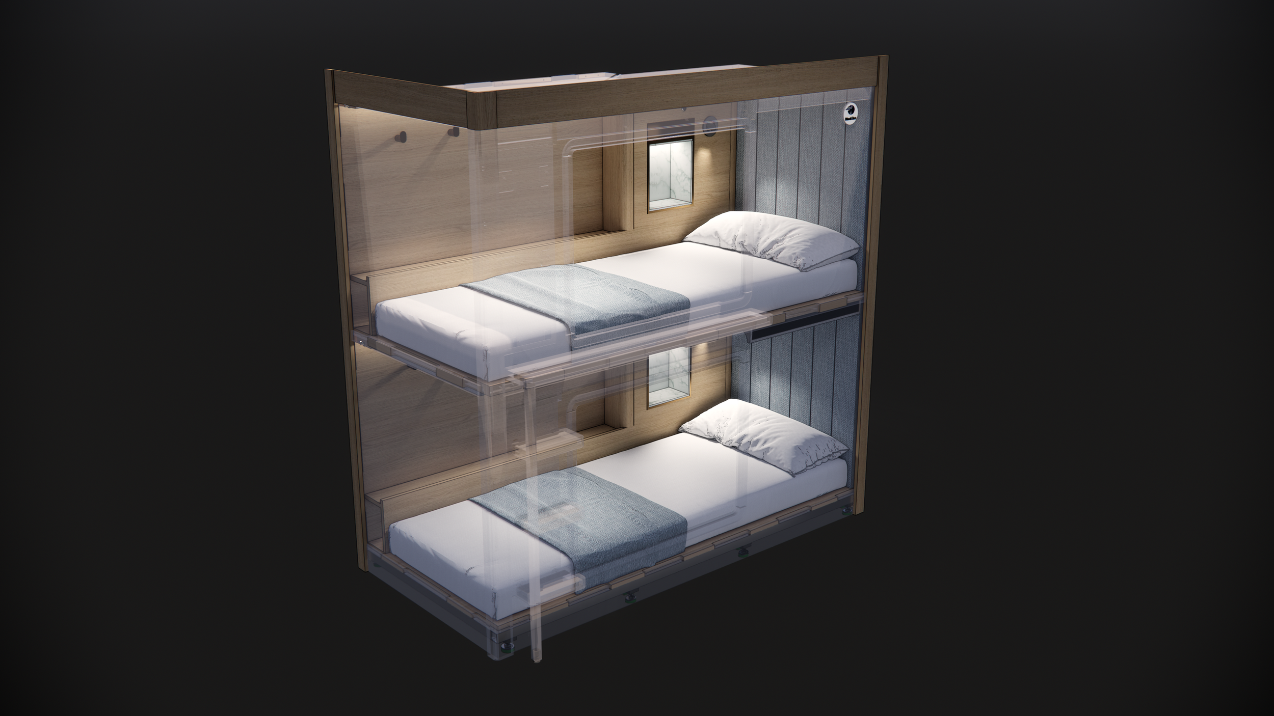 Side-entrance sleeping pod configuration designed for efficient access and circulation.