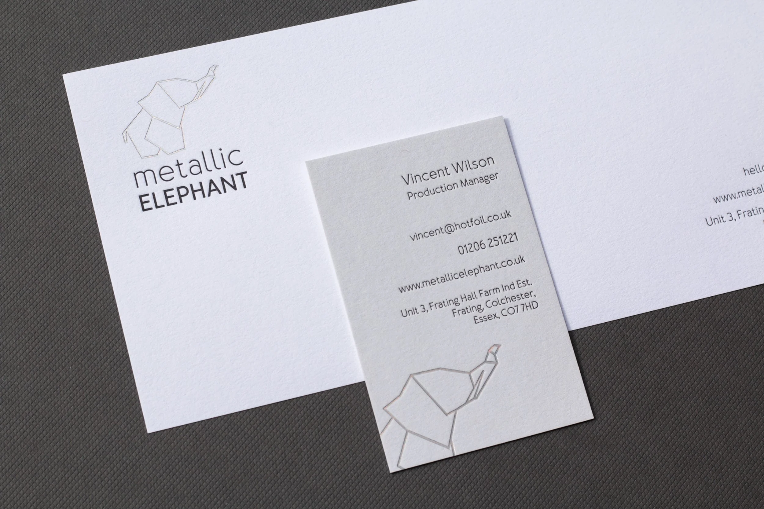 Letterpress and hot foil stationery for Metallic Elephant.