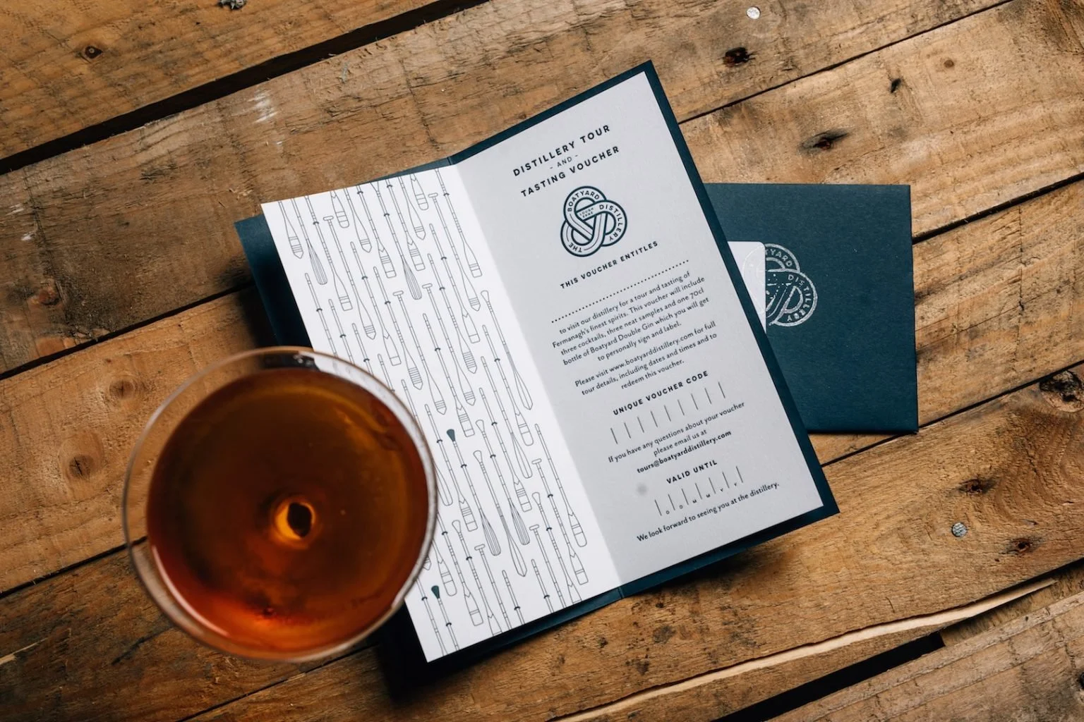 Letterpress and hot foil printed gift voucher for Boatyard Distillery.