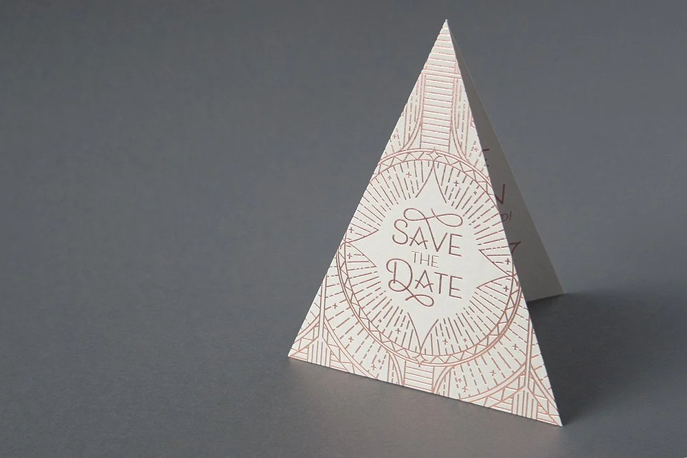 Pyramid hot foil wedding save the date.