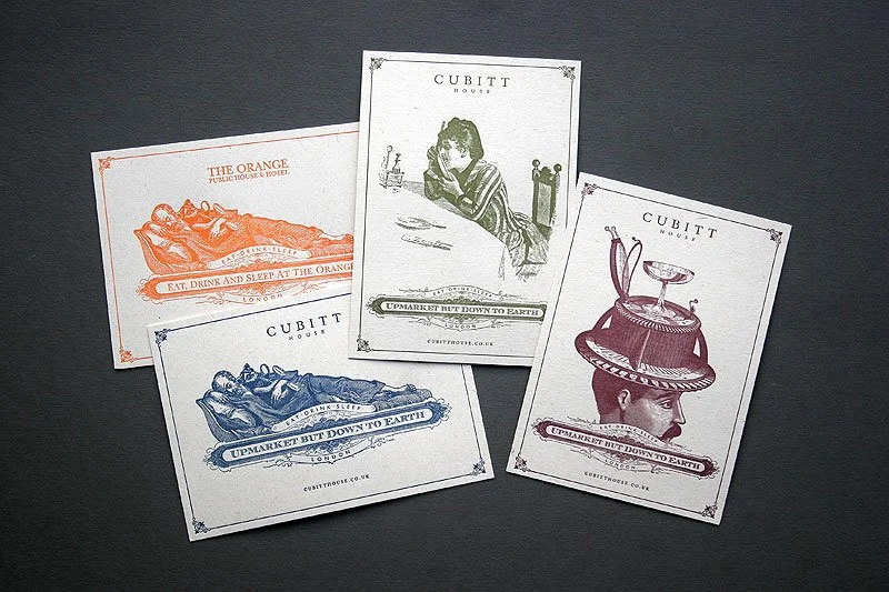 Letterpress postcards for Cubitt House Hotels.