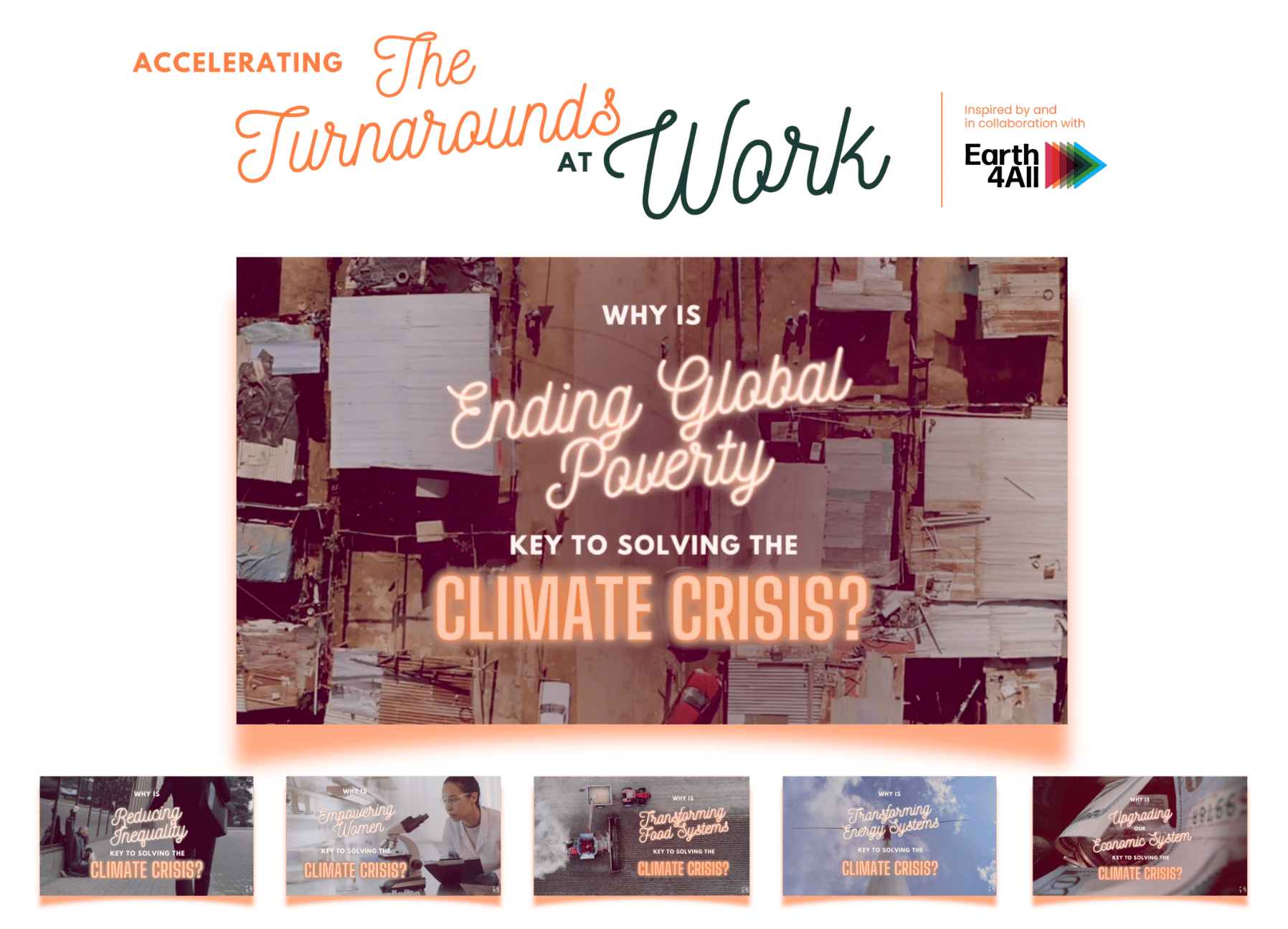 AWARENESS CAMPAIGN FOR EARTH4ALL :  Accelerating the Turnarounds at Work //

6-part video series for Earth4All translating structural policy changes into workplace actions. Produced with voiceovers, motion graphics, and multi-platform distribution.