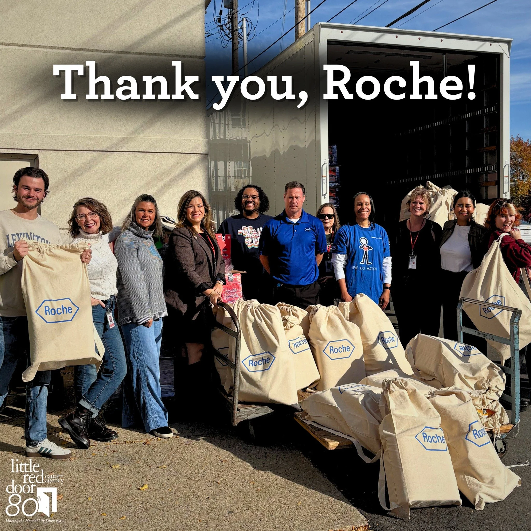 We can&rsquo;t thank our friends at Roche enough for their incredible generosity! 
 
Last week, they delivered a semi-truck filled with 200 tote bags packed with basic cleaning supplies, including items like dryer sheets, paper towels, cleaning wipes