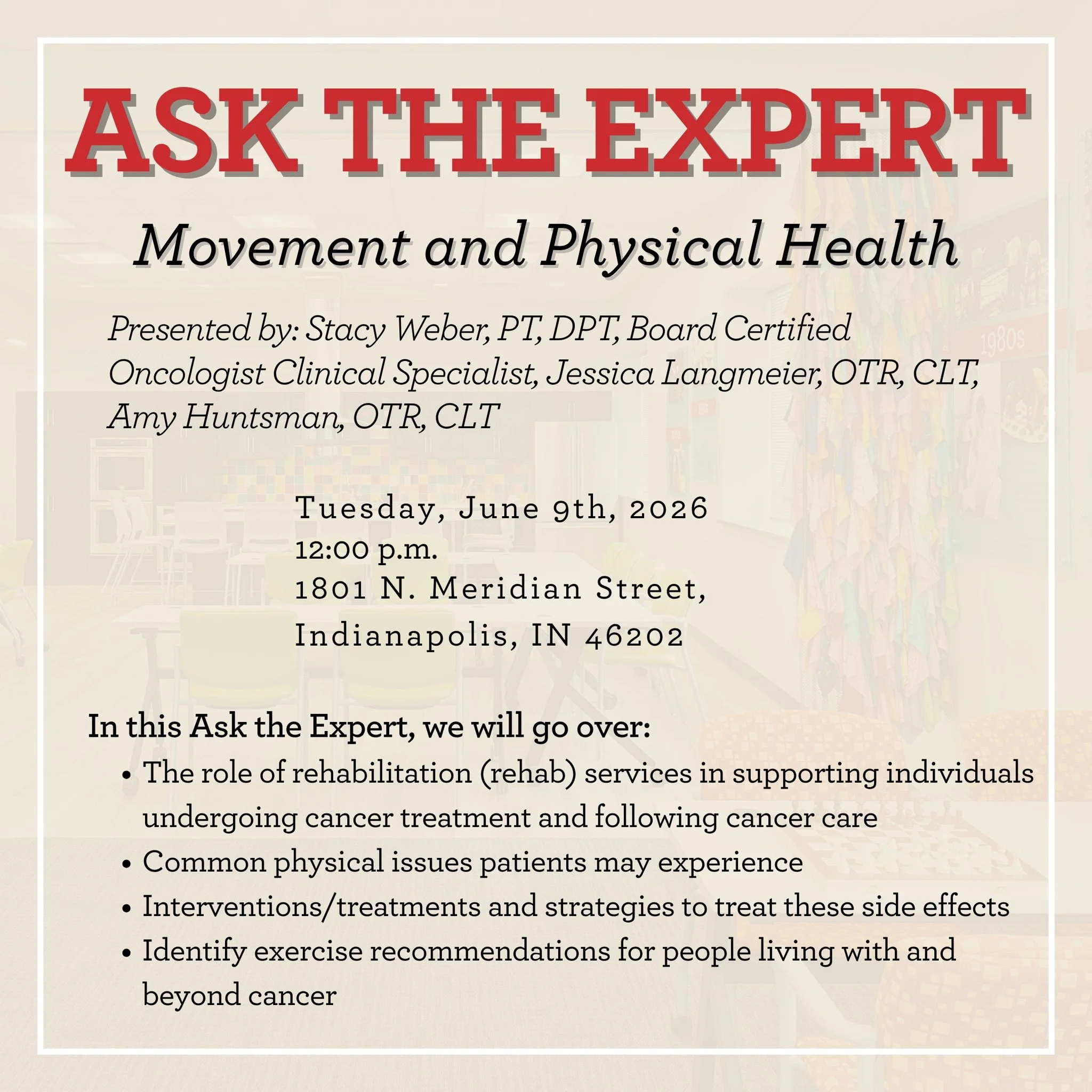 Join us for June's Ask The Expert, tomorrow June 9th at 12:00pm!

June's experts will be discussing the importance of movement and physical health. Join us in welcoming: Stacy Webber, PT, DPT, Board Certified Oncologist Clinical Specialist, Jessica L