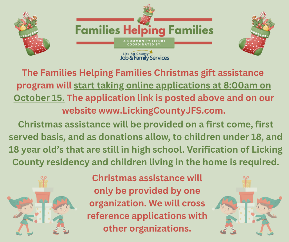 The Families Helping Families Holiday Assistance Program will begin accepting applications on Thursday, October 15 at 8:00am.