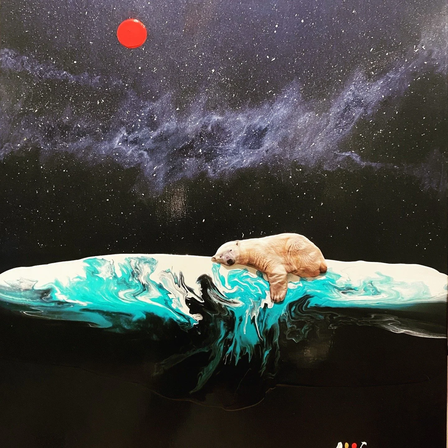 Polaire Mi aggrappo a lei ( je m accroche a elle) 24 x 30 technique mixtes sur canevas fini epoxy
#animouks#polarbear #bludogartgallery