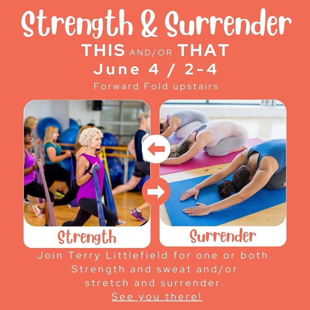 Just a few weeks from today, join me for STRENGTH &amp; SURRENDER. 
_

Join me June 4, 2-4 for some sweaty strength work and/or some rest and relaxation. That&rsquo;s right. You can join for one or both part of this workshop.

Strength:
*whole body w
