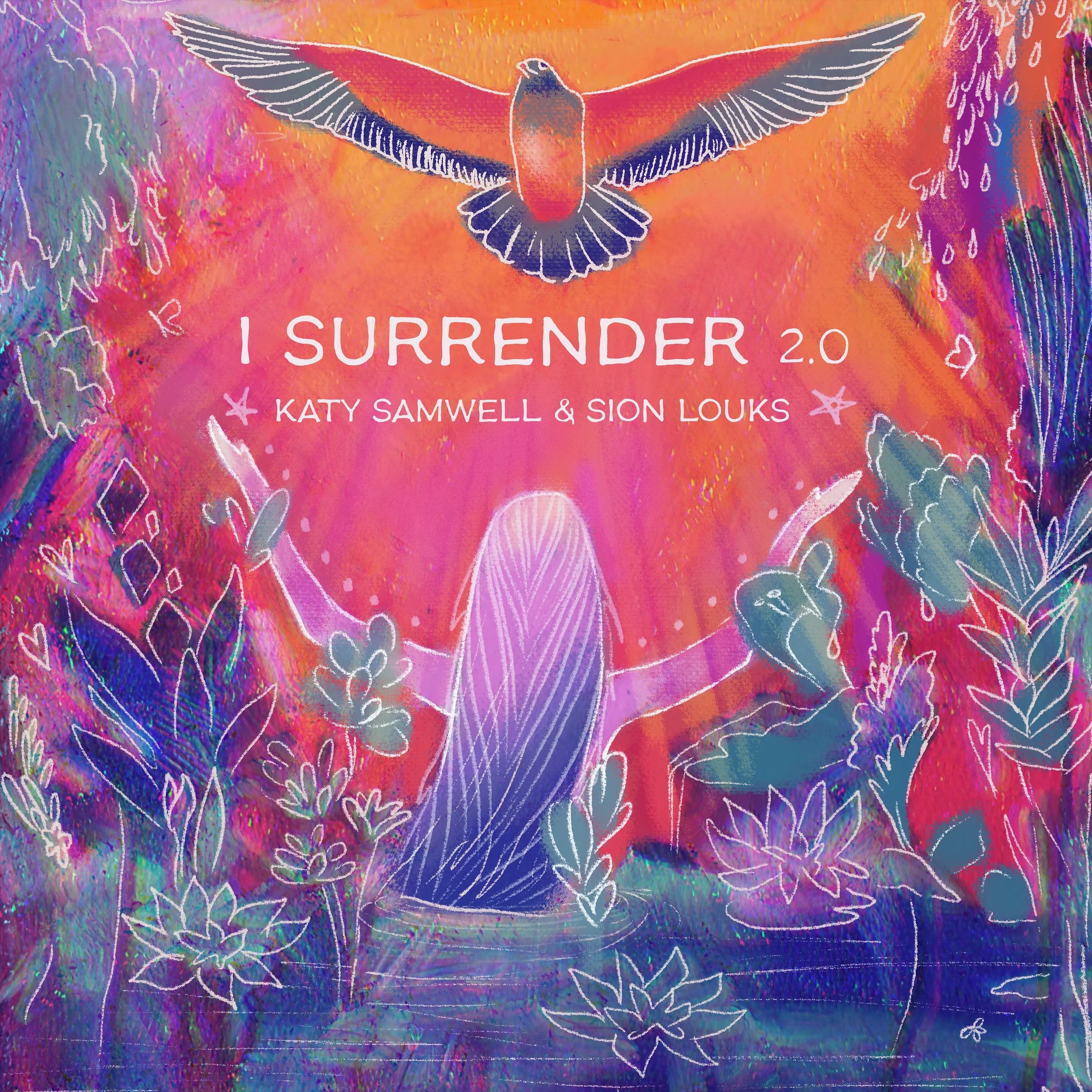 Katy Samwell’s single cover for her song ‘I Surrender 2.0’  featuring a drawing of a woman holding her arms up to a beautiful bird. From the album “Many Hands Make Lightwork"