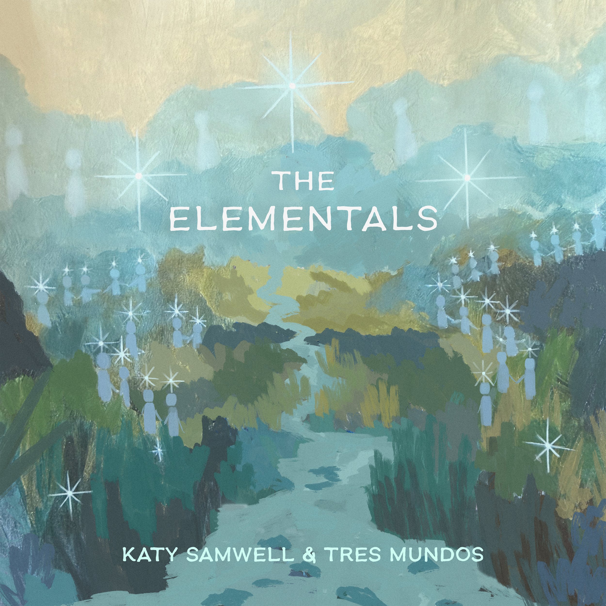 Single cover for Katy Samwell’s song “The Elementals” From Katy’s album “Many Hands Make Lightwork” featuring a beautiful drawing by Leah Dorrian