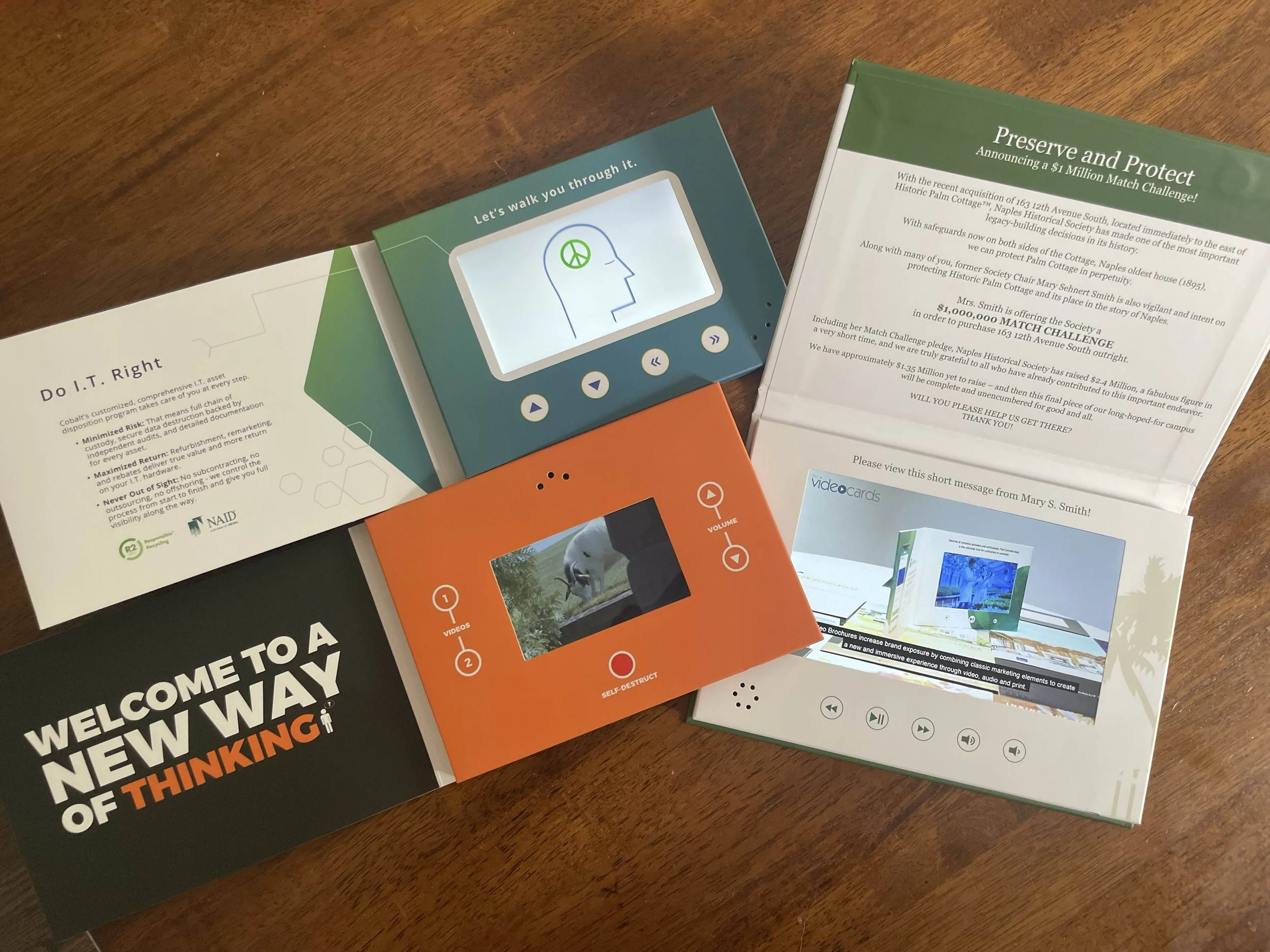 Video box mailer samples on a table