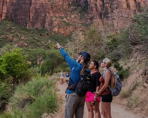 A Zion hiking guide points out something in the distance