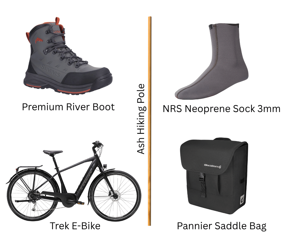 Outdoor gear including a hiking boot, neoprene sock, e-bike, saddle bag, and hiking pole