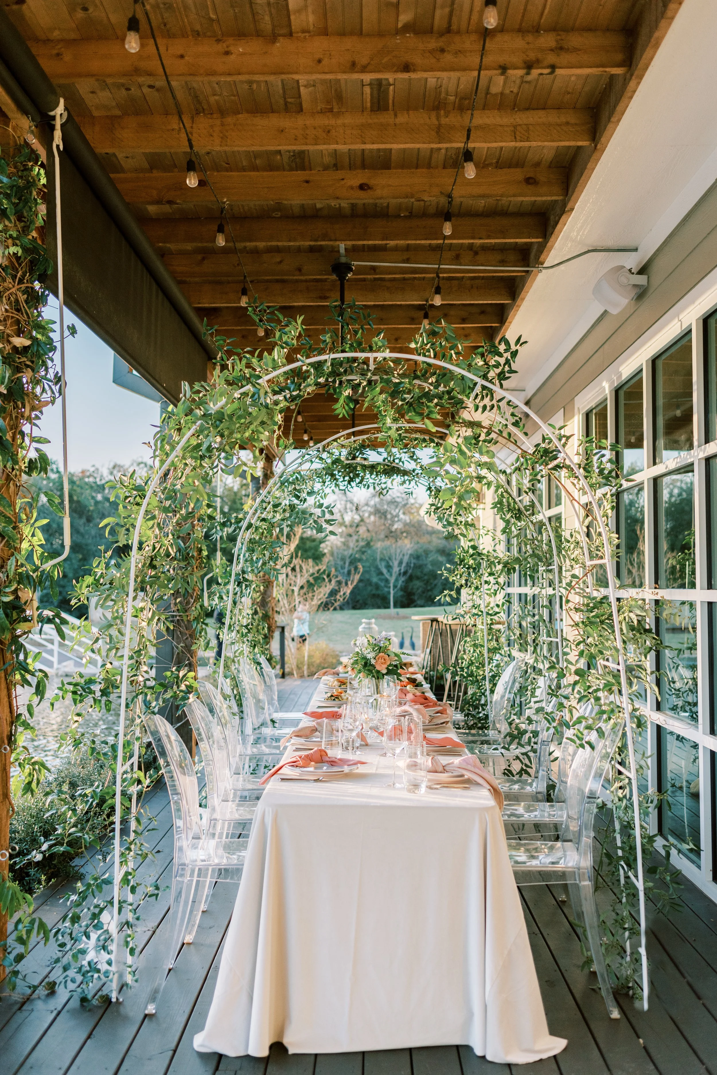 Decorated outdoor wedding reception space at Stonehem Hall at Inn at Quarry Ridge