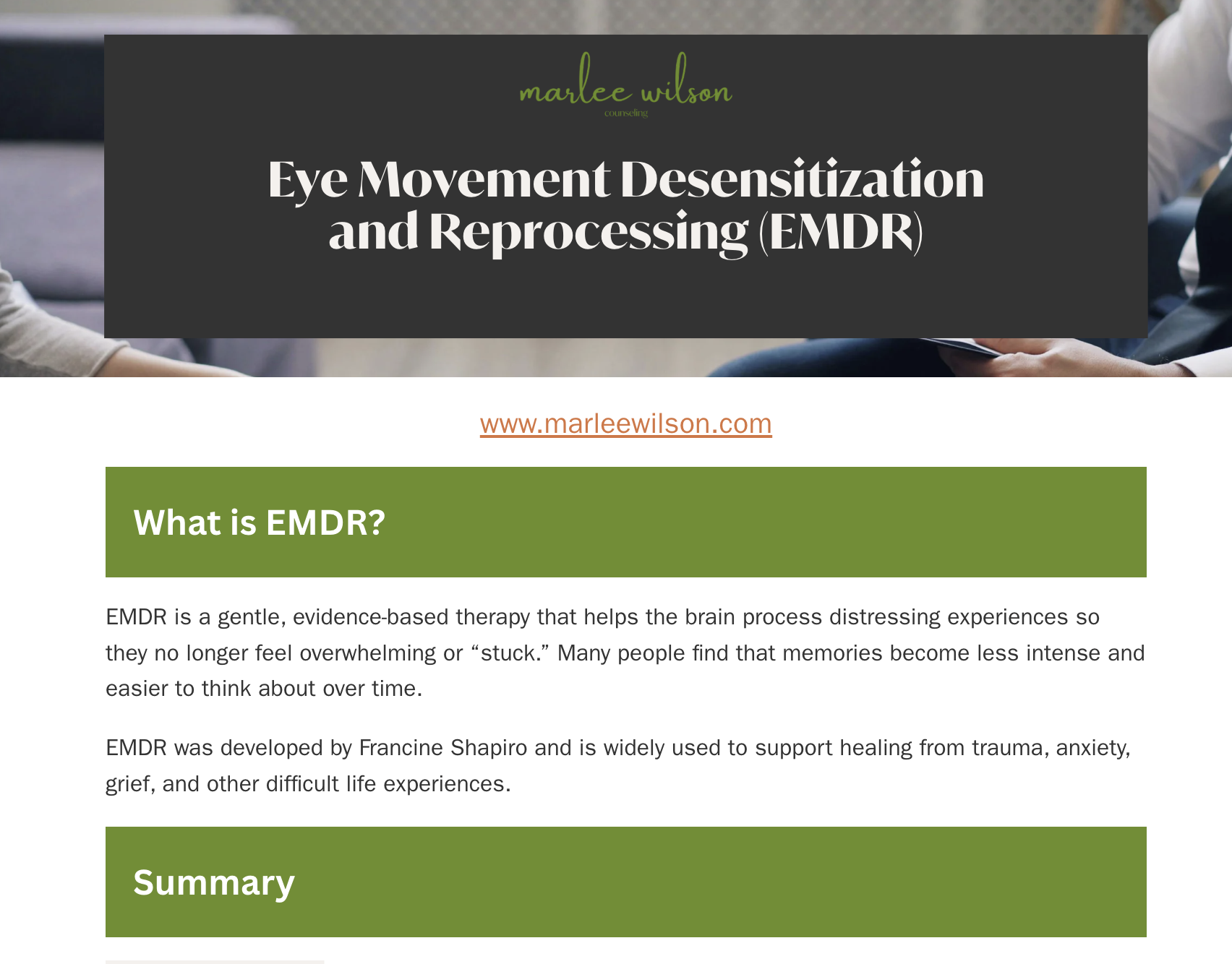 Webpage titled 'Eye Movement Desensitization and Reprocessing (EMDR)' by Marlee Wilson, counseling. The page explains EMDR as a therapy developed by Francine Shapiro, used for trauma, anxiety, grief, and difficult life experiences. The webpage features sections titled 'What is EMDR?' and 'Summary' with green headers.