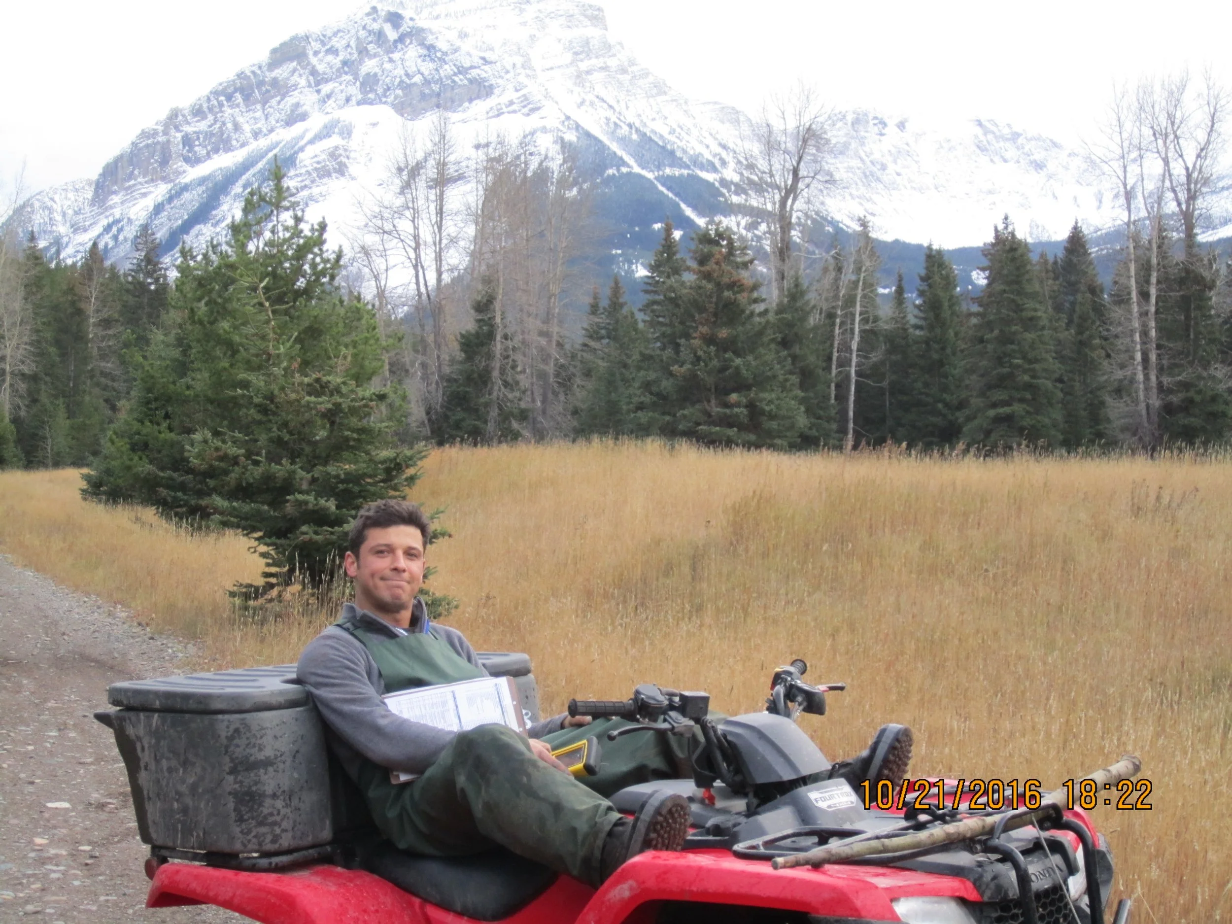 Person sitting on an ATV in a mountainous landscape with snow-capped peaks, trees, and grassland.