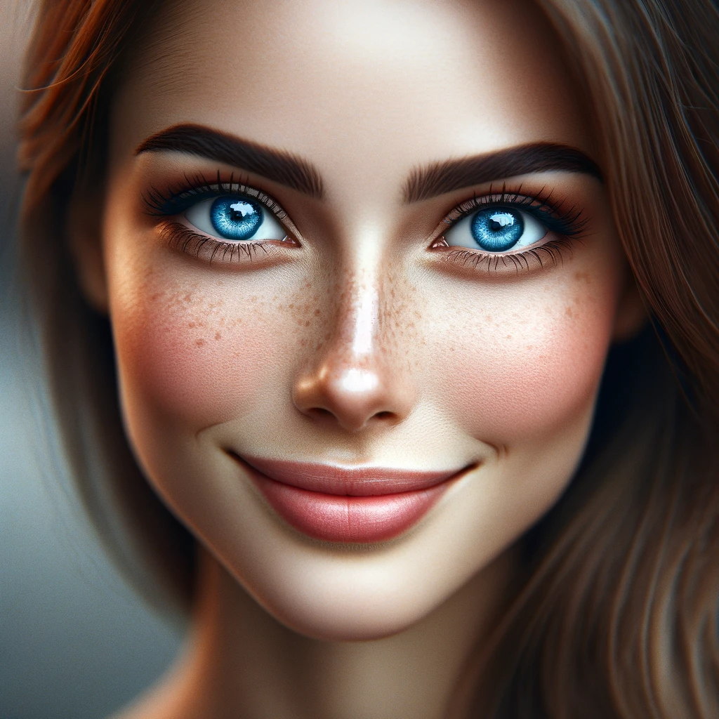 DALL·E 2023-12-29 10.11.46 - A highly detailed close-up portrait of a content woman looking directly at the camera, featuring prominent, bright blue eyes that sparkle with sharpne.png