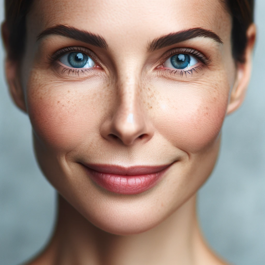 DALL·E 2023-12-29 10.34.21 - A portrait photograph in a close-up of a content woman looking directly at the camera. She has blue eyes, set against a subtle background. Her skin is.png