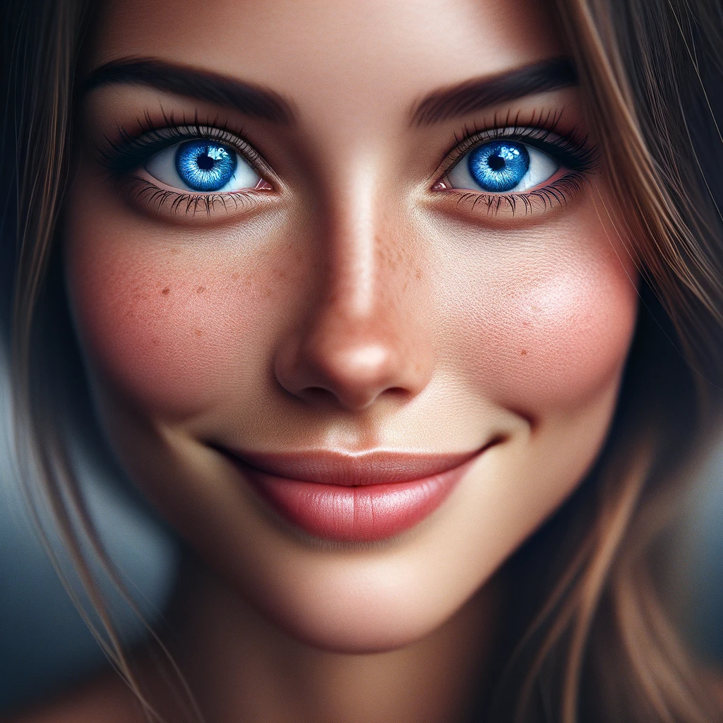 DALL·E 2023-12-29 10.44.47 - A highly detailed, realistic close-up portrait of a content woman looking directly at the camera, with prominent and big, bright blue eyes that sparkl.png