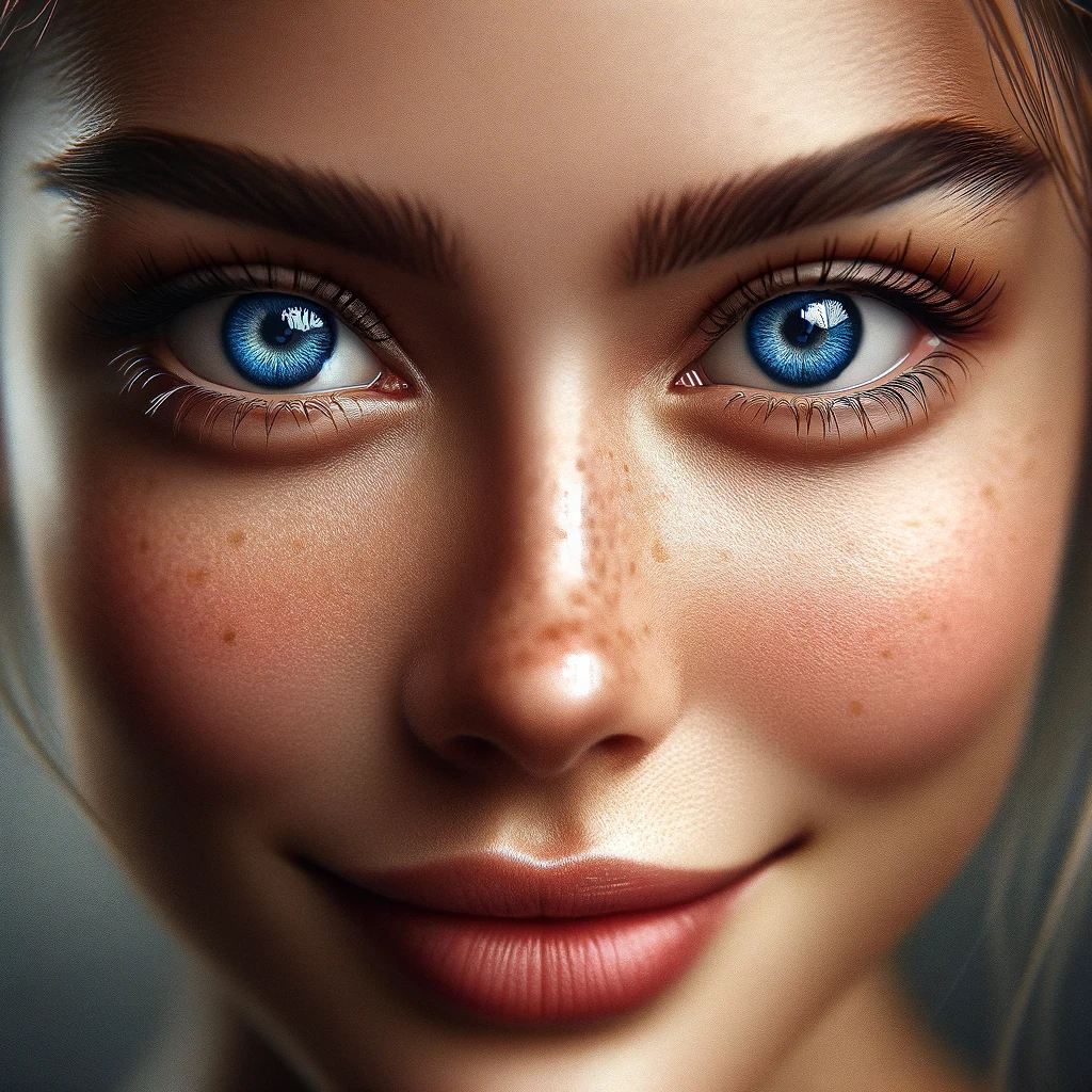 DALL·E 2023-12-29 10.44.39 - A highly detailed, realistic close-up portrait of a content woman looking directly at the camera, with prominent and big, bright blue eyes that sparkl.png