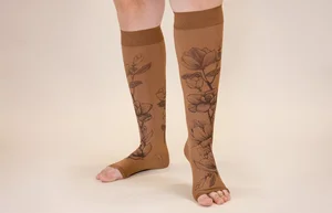 Magnolia Mocha printed LympheDIVAs knee-high compression socks