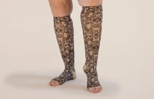 Macabre Beige printed LympheDIVAs knee-high compression socks
