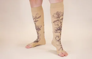 Magnolia Beige printed LympheDIVAs knee-high compression socks