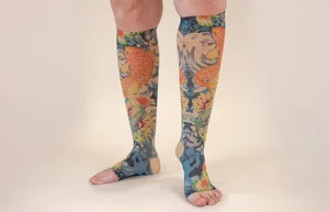 Koi Beige printed LympheDIVAs knee-high compression socks