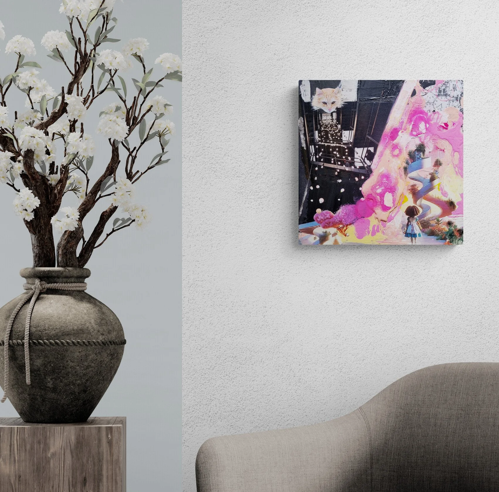 Sous le regard du chat du Cheshire 30x30 technique mixte 