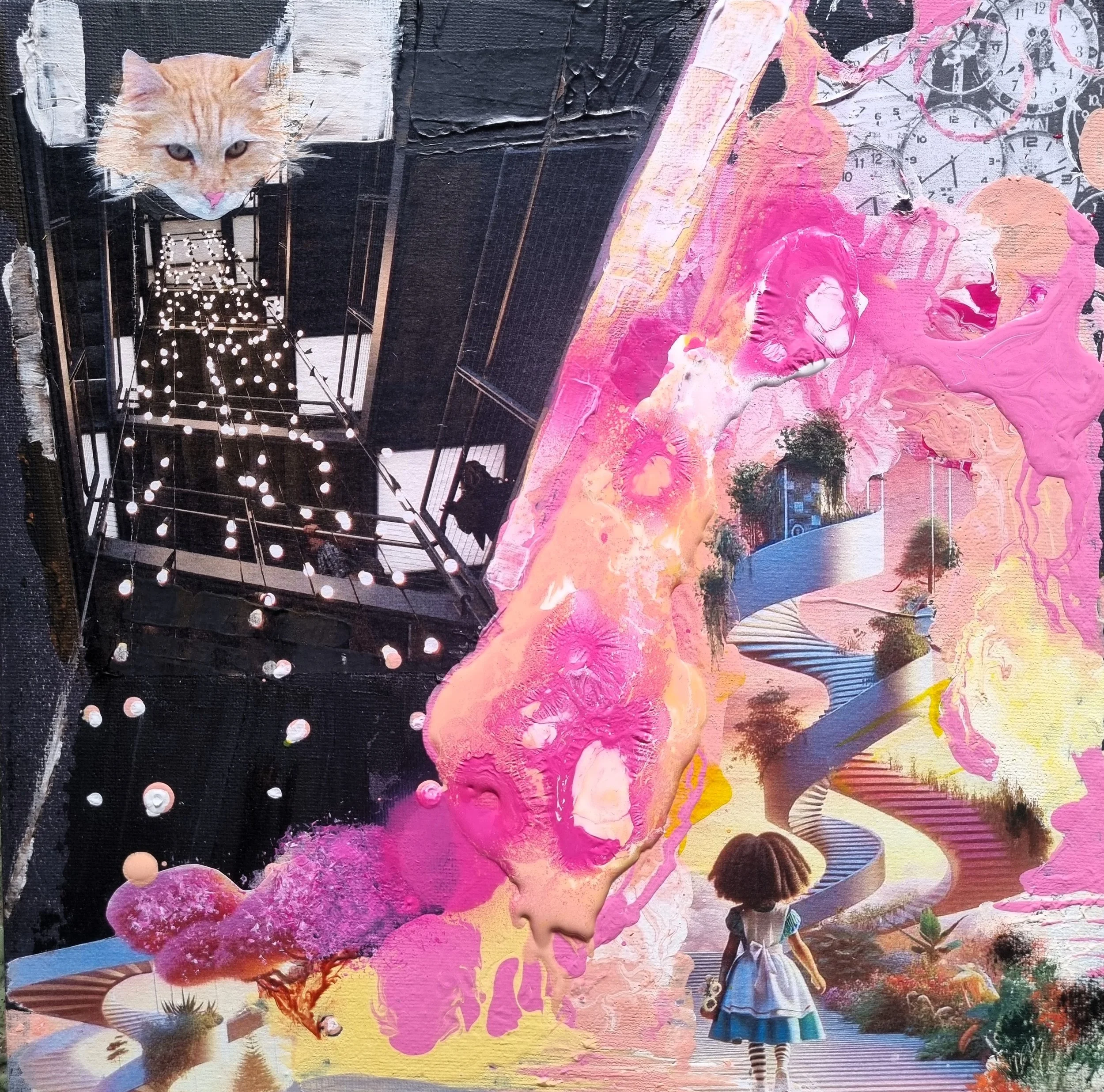 Sous le regard du chat du Cheshire 30x30 technique mixte 