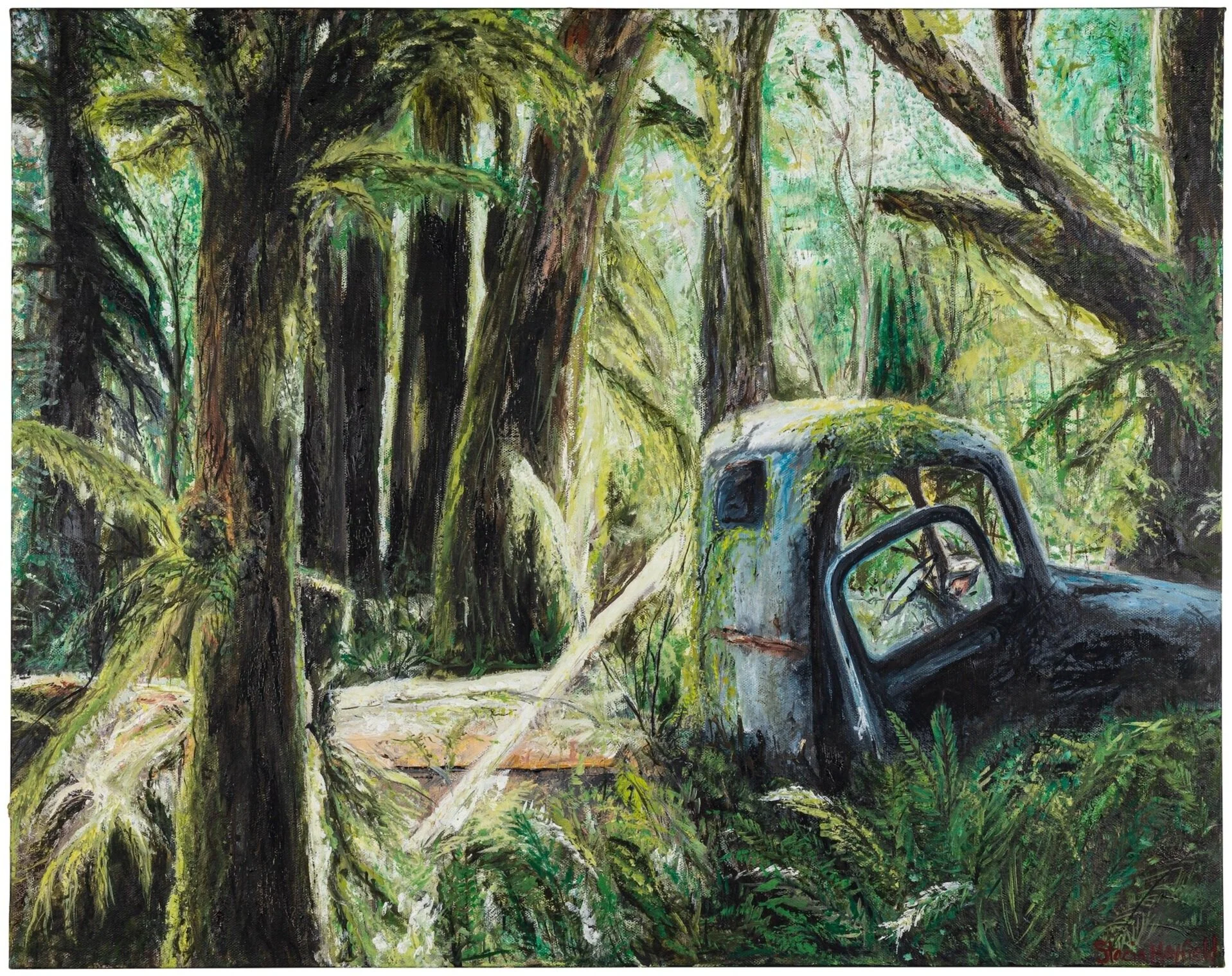 Forgotten in the Forest, Oregon, 2020                                                                                                                                               Oil on Canvas. 22x28.                                                                                                                                                         © Stacia Mayfield