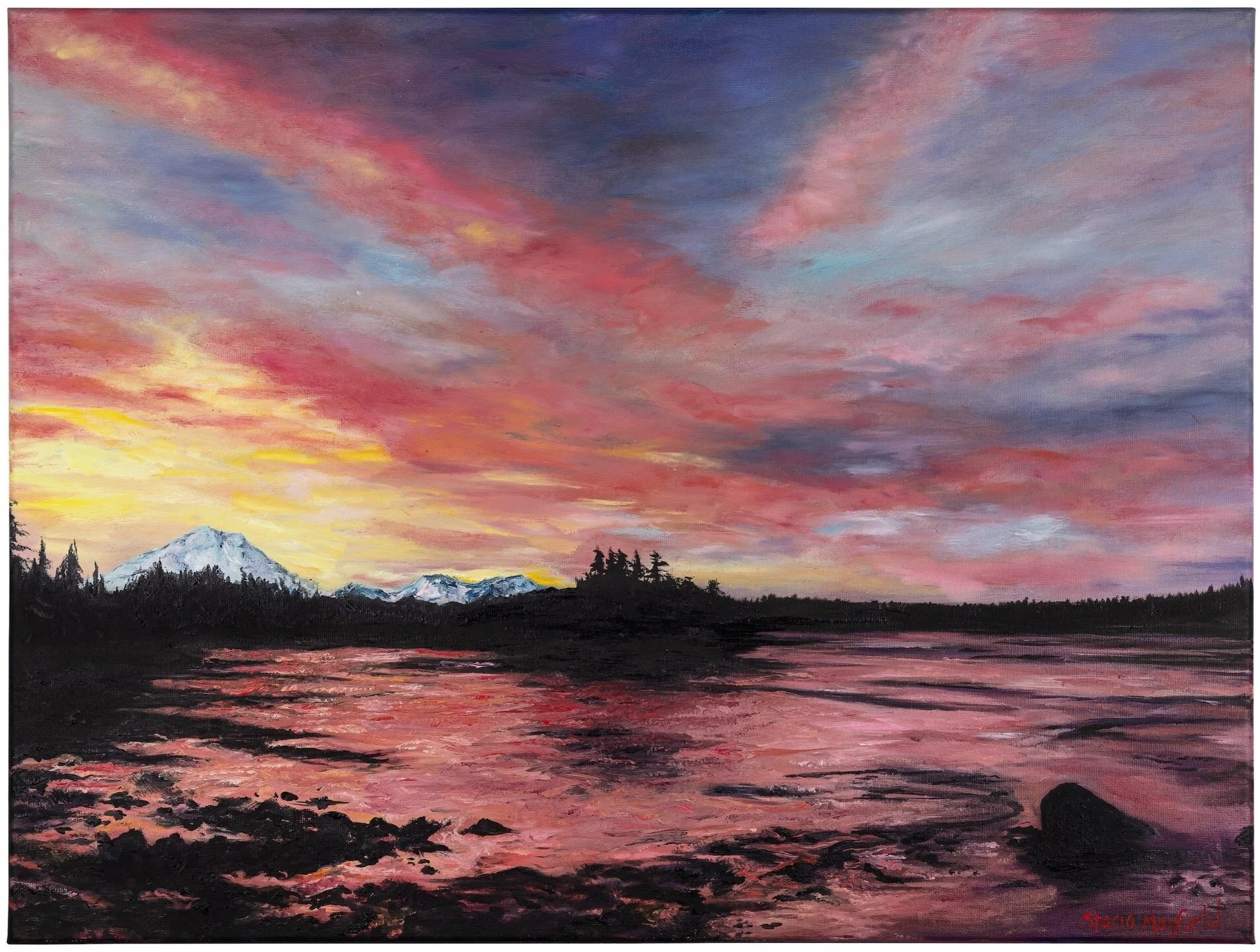 Winter in the Wrangell Narrows, Alaska, 2021                                                                                                                                               Oil on Canvas. 18x24.                                                                                                                                                         © Stacia Mayfield